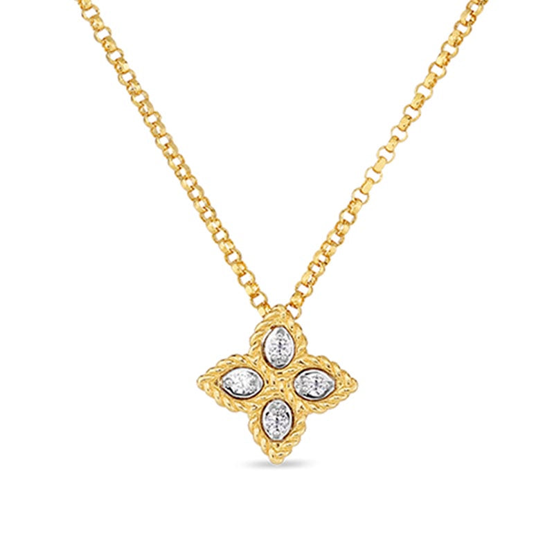 Roberto Coin Princess Flower Small 18K Yellow/WHITE Gold Diamond Necklace 0.04TW