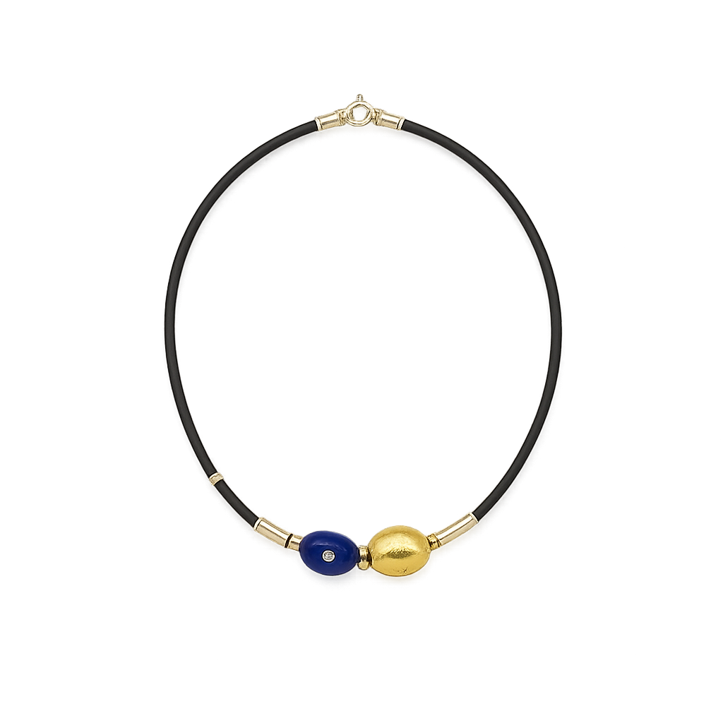 3MM LEATHER NECKLACE WITH HANDMADE 18K GOLD AND SILVER ELEMENTS WITH LAPIS AND DIAMONDS