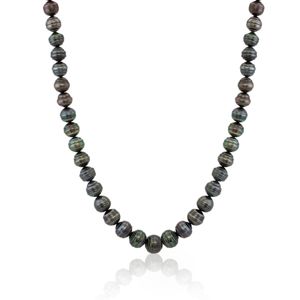 LADIES TAHITIAN 18 INCH PEARL STRAND WITH A 14K YELLOW GOLD FLUTED BALL CLASP