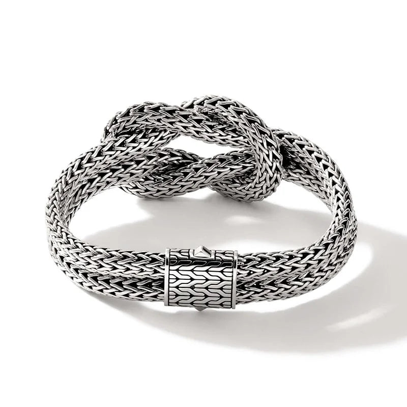 JOHN HARDY STERLING SILVER 6.5MM DOUBLE CHAIN LOVE KNOT BRACELET WITH PUSHER CLASP; SIZE MEDIUM