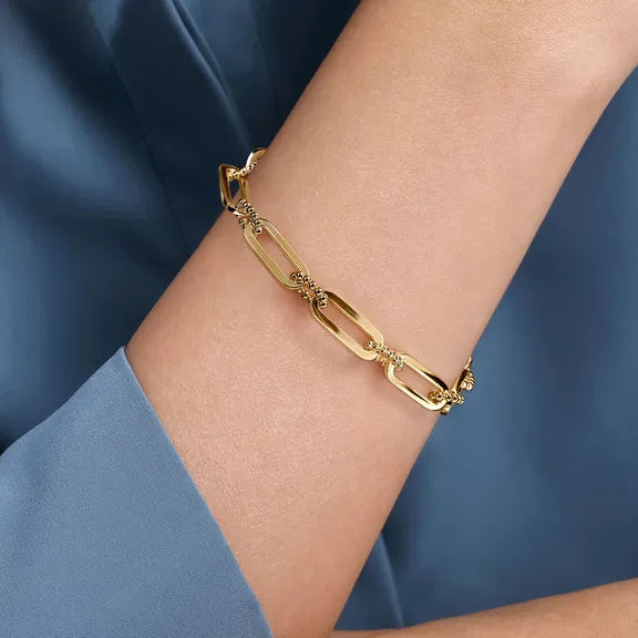 GABRIEL & CO 14K YELLOW GOLD CASTED BUJUKAN BALL LINK AND HOLLOW PAPERCLIP LINK CHAIN BRACELET.