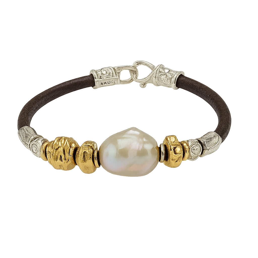 MISANI 5MM LEATHER BRACELET WITH 18K GOLD AND SILVER ELEMENTS WITH A BAROQUE PEARL