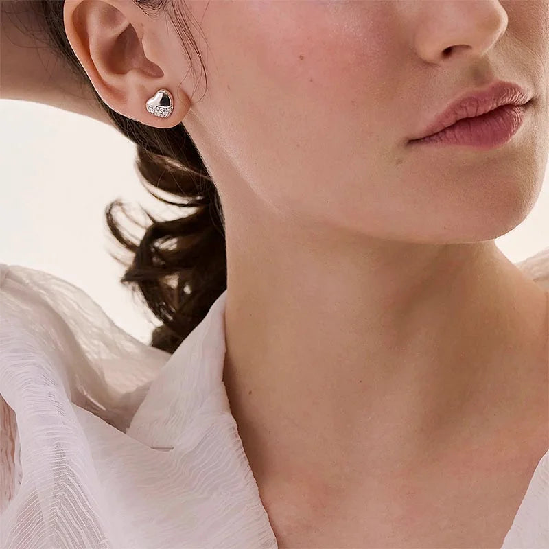 Pebble Heart Stud Earring, Silver, Diamonds