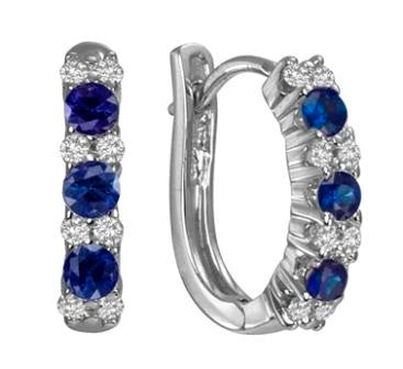 MAX STRAUSS 14K WHITE GOLD HOOP EARRINGS SET WITH NATURAL DIAMONDS 0.16 TW GH/SI AND BLUE SAPPHIRES 0.48 TW.