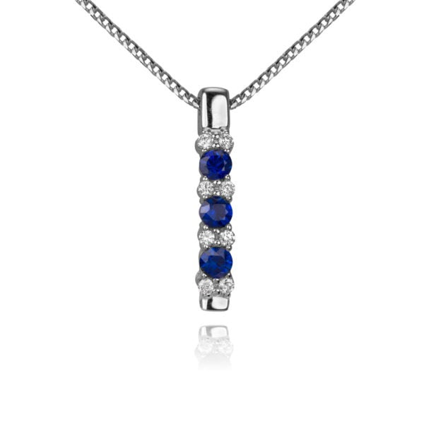 MAX STRAUSS 14K WHITE GOLD PENDANT AND CHAIN SET WITH NATURAL DIAMONDS 0.12 TW GH/SI AND NATURAL BLUE SAPPHIRES 0.45 TW