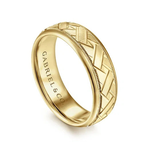 OLIVER - 14K YELLOW GOLD 7MM - ENGRAVED WOVEN MEN'S WEDDING BAND IN SATIN FINISH