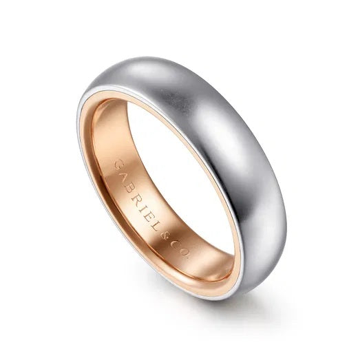 SOREN-14K WHITE-ROSE GOLD 6MM-TWO TONE MEN'S WEDDING BAND IN SAND BLAST FINISH