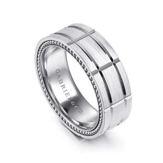 MILO - 14K WHITE GOLD 8MM - CARVED MEN'S WEDDING BAND IN SATIN FINISH