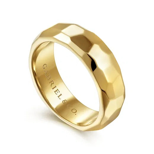 THEO-14K YELLOW GOLD 7MM-HAMMERED MEN'S WEDDING BAND IN HIGH POLISHED FINISH