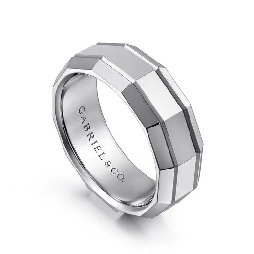 RAY-14K WHITE GOLD 8MM-ANGULAR MEN'S WEDDING BAND IN HIGH POLISHED FINISH