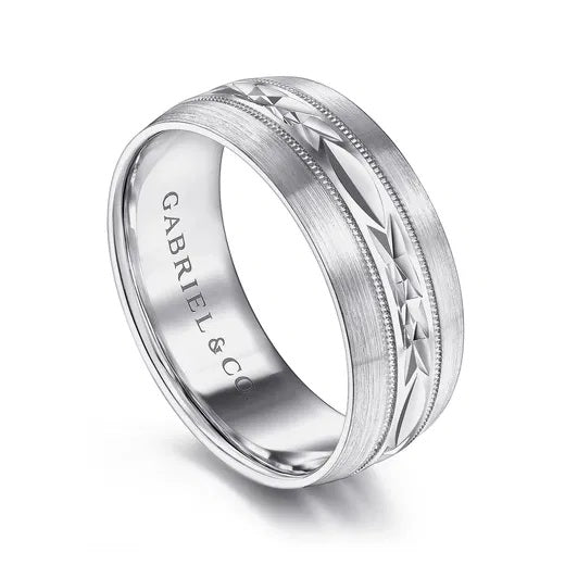 RUSSELL-14K WHITE GOLD 8MM-ENGRAVED MEN'S WEDDING BAND IN SATIN FINISH