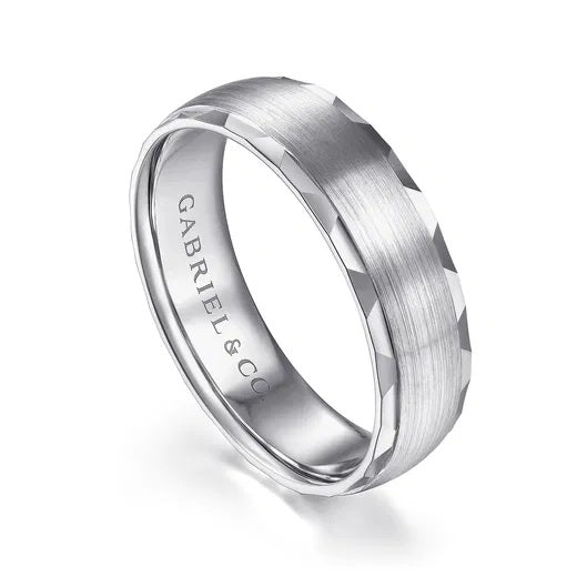 JULIAN-14K WHITE GOLD 6MM-SATIN FINISH MEN'S WEDDING BAND WITH CARVED EDGE