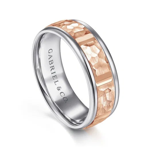 JOHN-14K WHITE-ROSE GOLD 7MM-HAMMERED STATION MEN'S WEDDING BAND