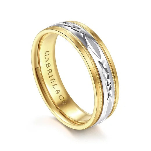 CHRISTOPHER-14K WHITE-YELLOW 6MM-ENGRAVED MEN'S WEDDING BAND IN SATIN FINISH