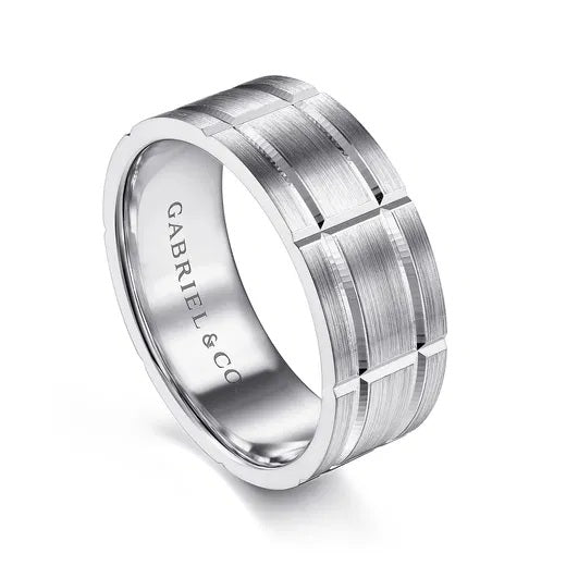 BRIAN-14K WHITE GOLD 8MM-CHECKERED PATTERN MEN'S WEDDING BAND IN SATIN FINISH