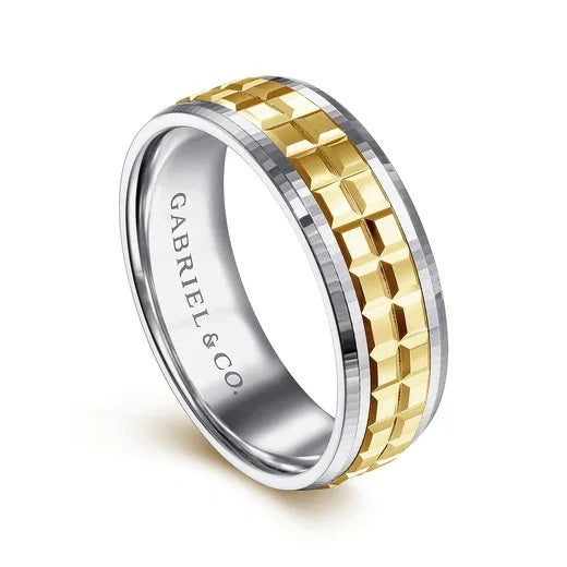AXEL-14K WHITE-YELLOW GOLD 7MM-TWO TONE SQUARE INLAY MEN'S WEDDING BAND