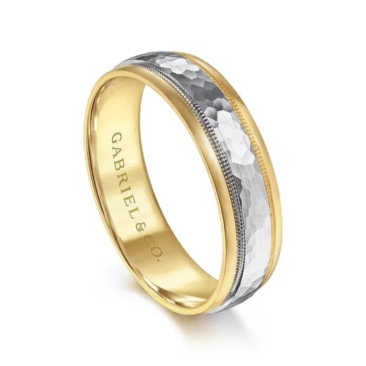 ARCHIE-14K WHITE-YELLOW GOLD 6MM-TWO TONE HAMMERED MEN'S WEDDING BAND WITH MILGRAIN EDGE