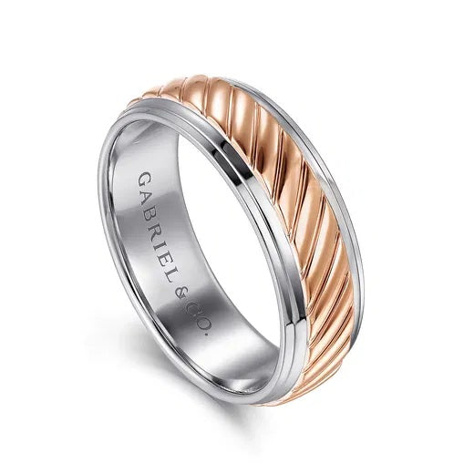 AUGUST-14K WHITE-ROSE GOLD 7MM-TWO TONE CARVED MEN'S WEDDING BAND
