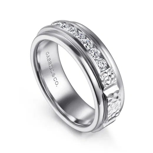 ENZO-14K WHITE GOLD DIAMOND MEN'S WEDDING RING IN SAND BLAST FINISH