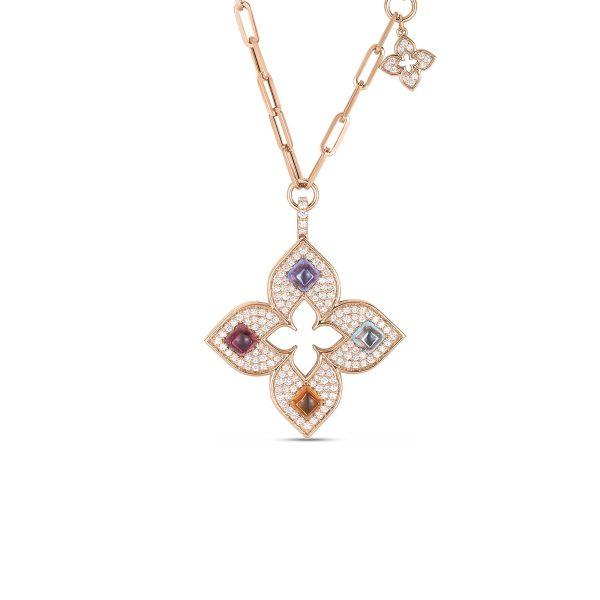 ROBERTO COIN 18K ROSE GOLD VENETIAN PRINCESS CARNIVAL PAVE DIAMOND & MIXED STONES LARGE OPEN FLOWER NECKLACE