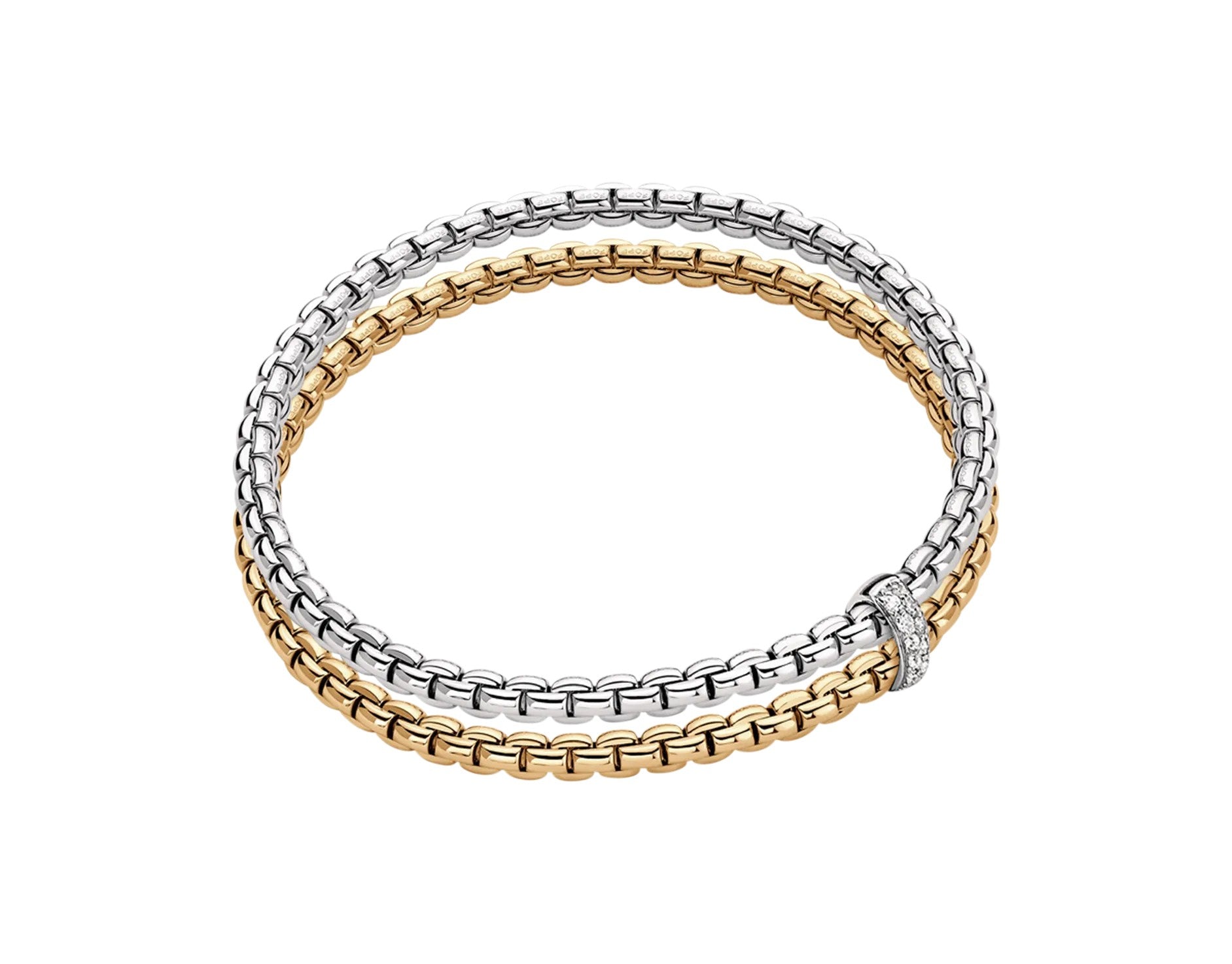 FOPE 18K YELLOW AND WHITE GOLD EKA FLEX'IT BRACELET WITH DIAMONDS 0.10CT SIZE SMALL