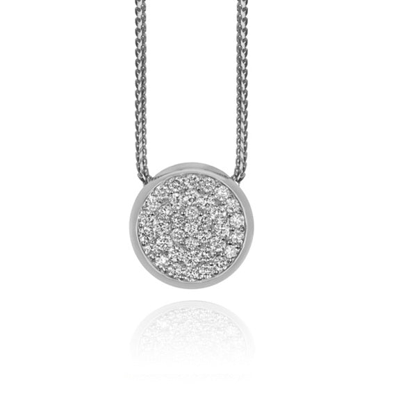 14K WHITE GOLD ROUND PAVE SET DIAMOND PENDANT, 0.50TW WITH 18 INCH FRANCO CHAIN