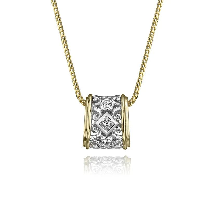 MAX STRAUSS 14K YELLOW AND WHITE GOLD TRIBUTE DIAMOND PENDANT, 0.16 TOTAL WEIGHT WITH 18 INCH FRANCO CHAIN