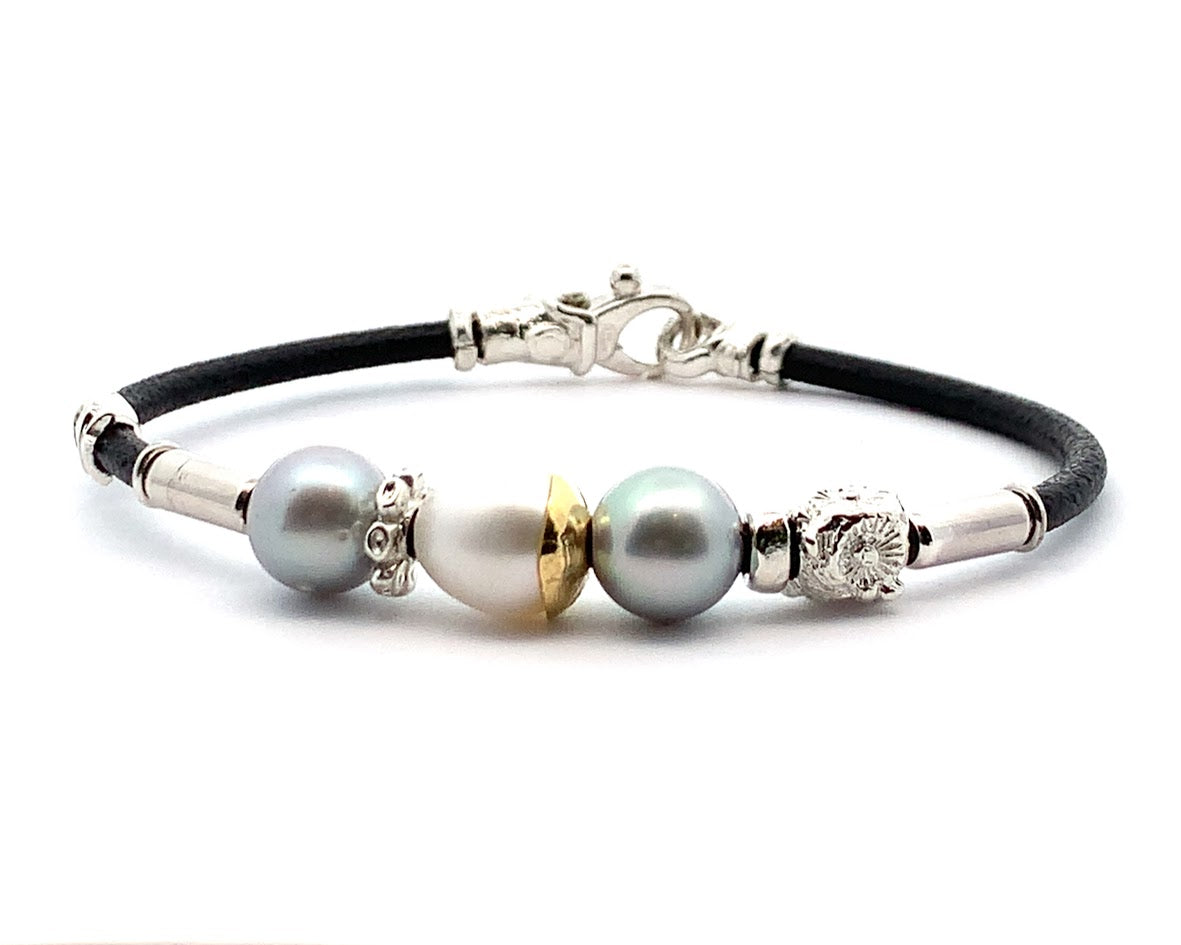 MISANI 3MM LEATHER BRACELET WITH HANDMADE GOLD AND SILVER ELEMENTS AND FRESHWATER PEARLS