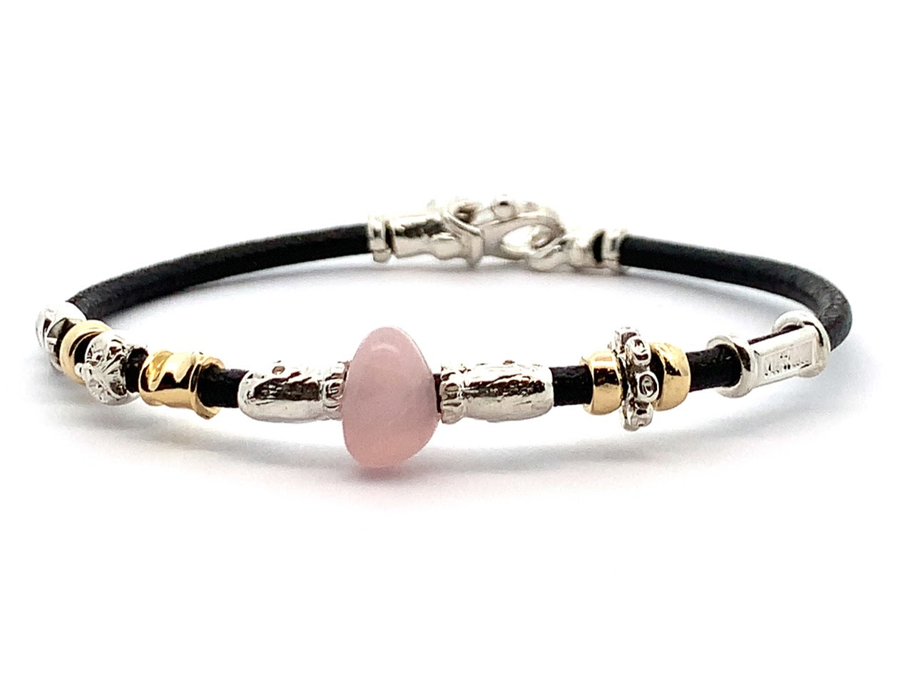 MISANI 3MM LEATHER BRACELET WITH HANDMADE GOLD ELEMENTS, SILVER AND KUNZITE