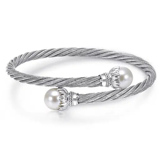 GABRIEL & CO STERLING SILVER AND TWISTED CABLE STAINLESS STEEL CULTURED PEARL BYPASS BANGLE "HAMPTON COLLECTION"