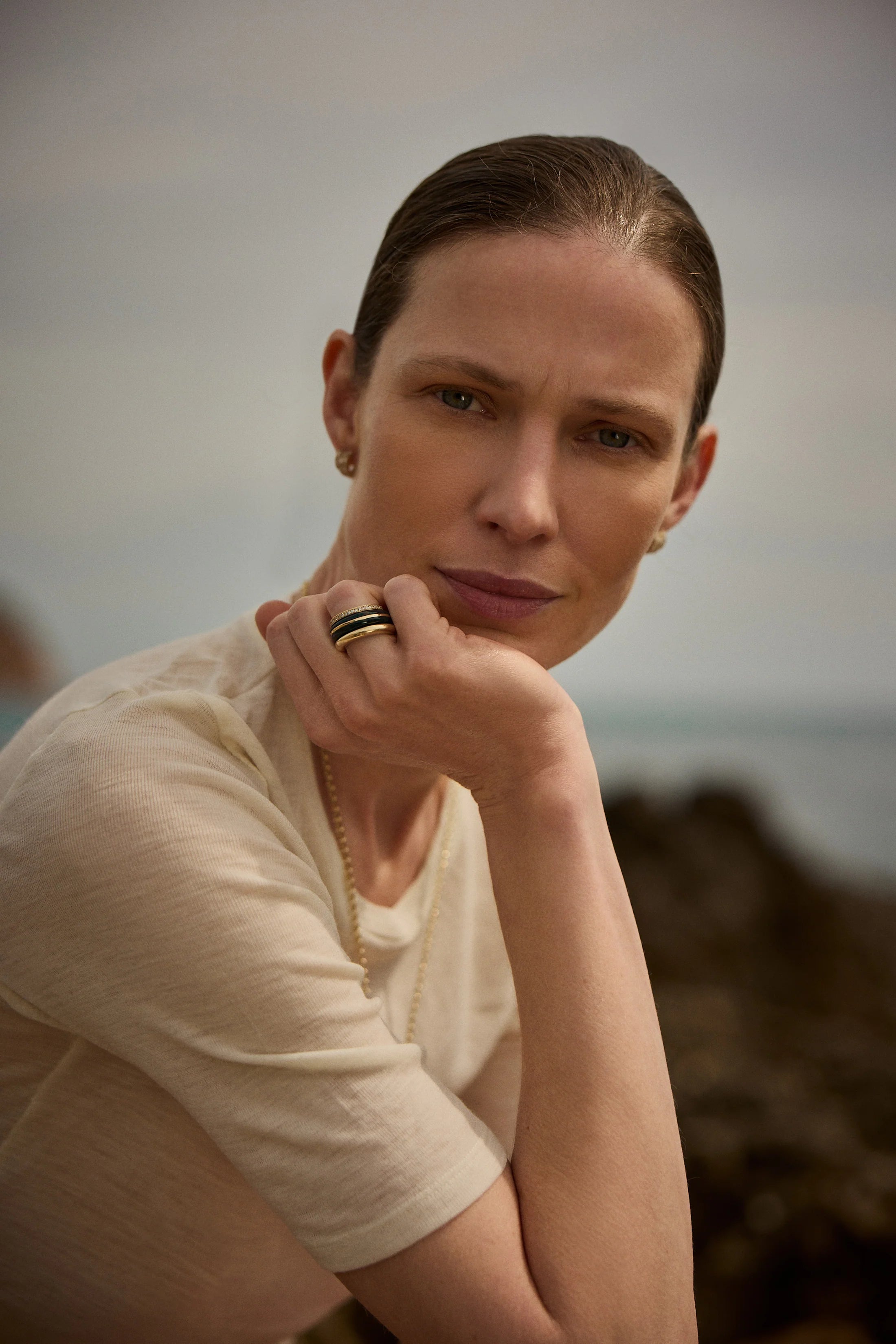 BY PARIAH CLASSIC RING STACK 14K RECYCLED YELLOW GOLD, NATURAL WHITE DIAMONDS 0.46 TW AND NATURALGREEN MOSS AGATE