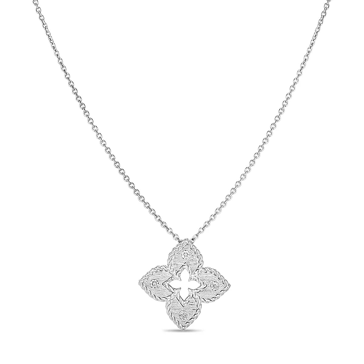 ROBERTO COIN PETITE VENETIAN PRINCESS DIAMOND AND SATIN FINISH SMALL FLOWER NECKLACE