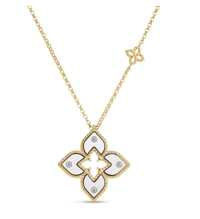 ROBERTO COIN 18K YELLOW GOLD VENETIAN PRINCESS 0.02CT TW GH/SI DIAMONDS AND WHITE ENAMEL FLOWER NECKLACE