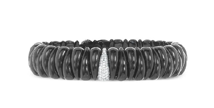ROBERTO DEMEGILO ARTIGLIO BRACELET HAVING BLACK HIGH POLISH CERAMIC LINKS WITH AN 18K WHITE GOLD DIAMOND STATION 0.18 TW