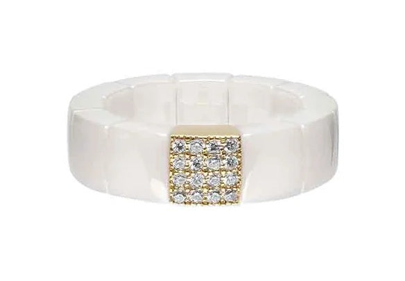ROBERTO DEMEGILO SCACCO WHITE HIGH POLISH CERAMIC RING HAVING AN 18K YELLOW GOLD SQUARE DIAMOND STATION 0.14 TW