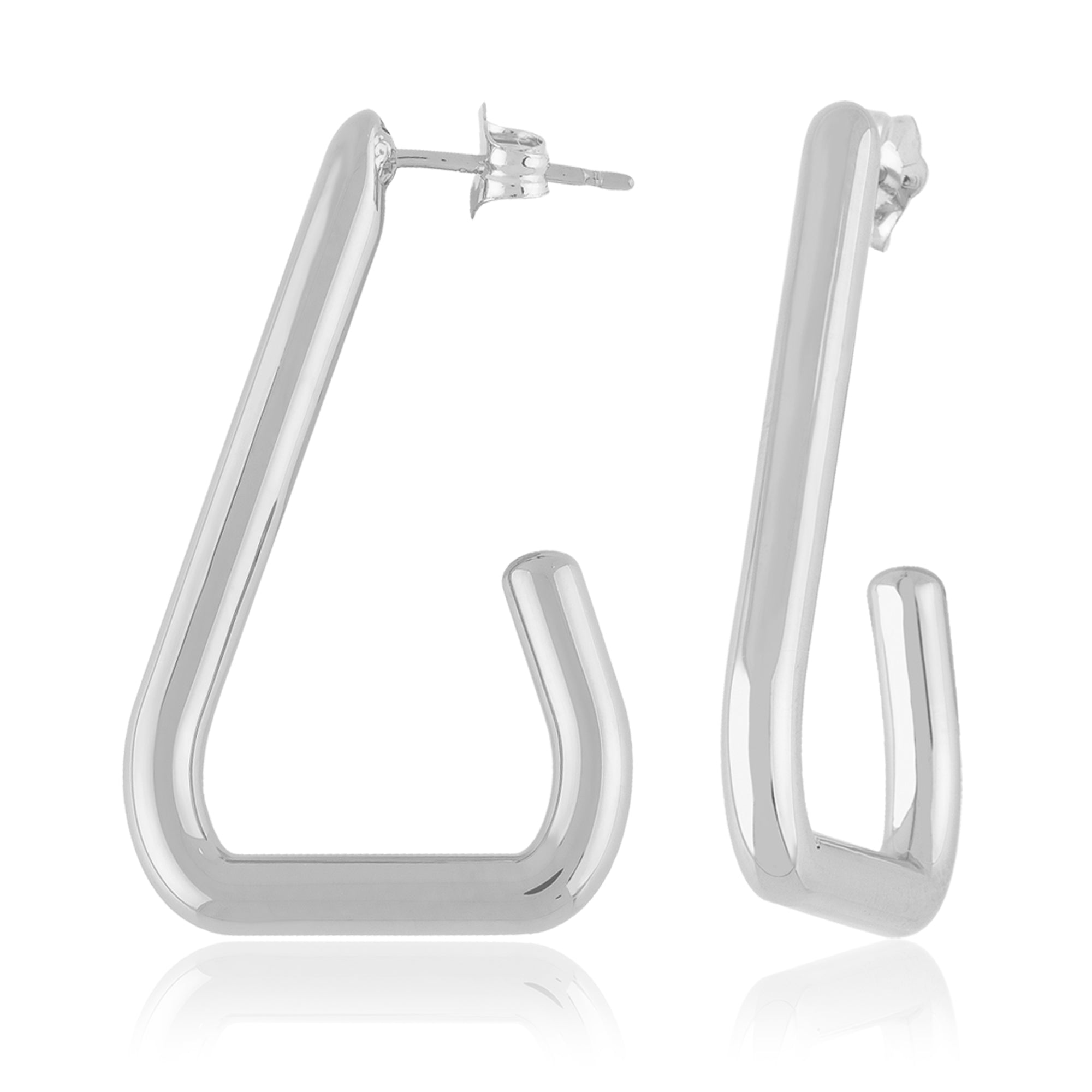 CARLA STERLING SILVER LONG TRIANGLE "J" HOOP EARRINGS.