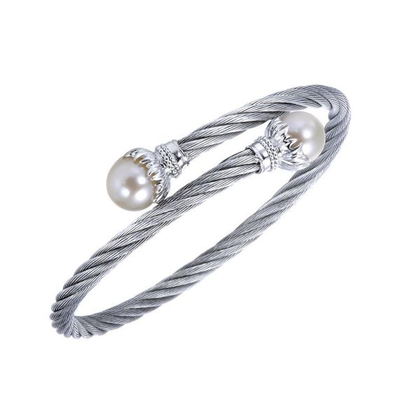 GABRIEL & CO STERLING SILVER AND TWISTED CABLE STAINLESS STEEL CULTURED PEARL BYPASS BANGLE "HAMPTON COLLECTION"