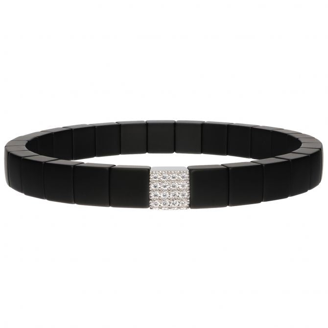 ROBERTO DEMEGILO SCACCO BLACK MATTE CERAMIC BRACELET HAVING ONE 18K WHITE GOLD SQUARE DIAMOND STATION,0.14TW