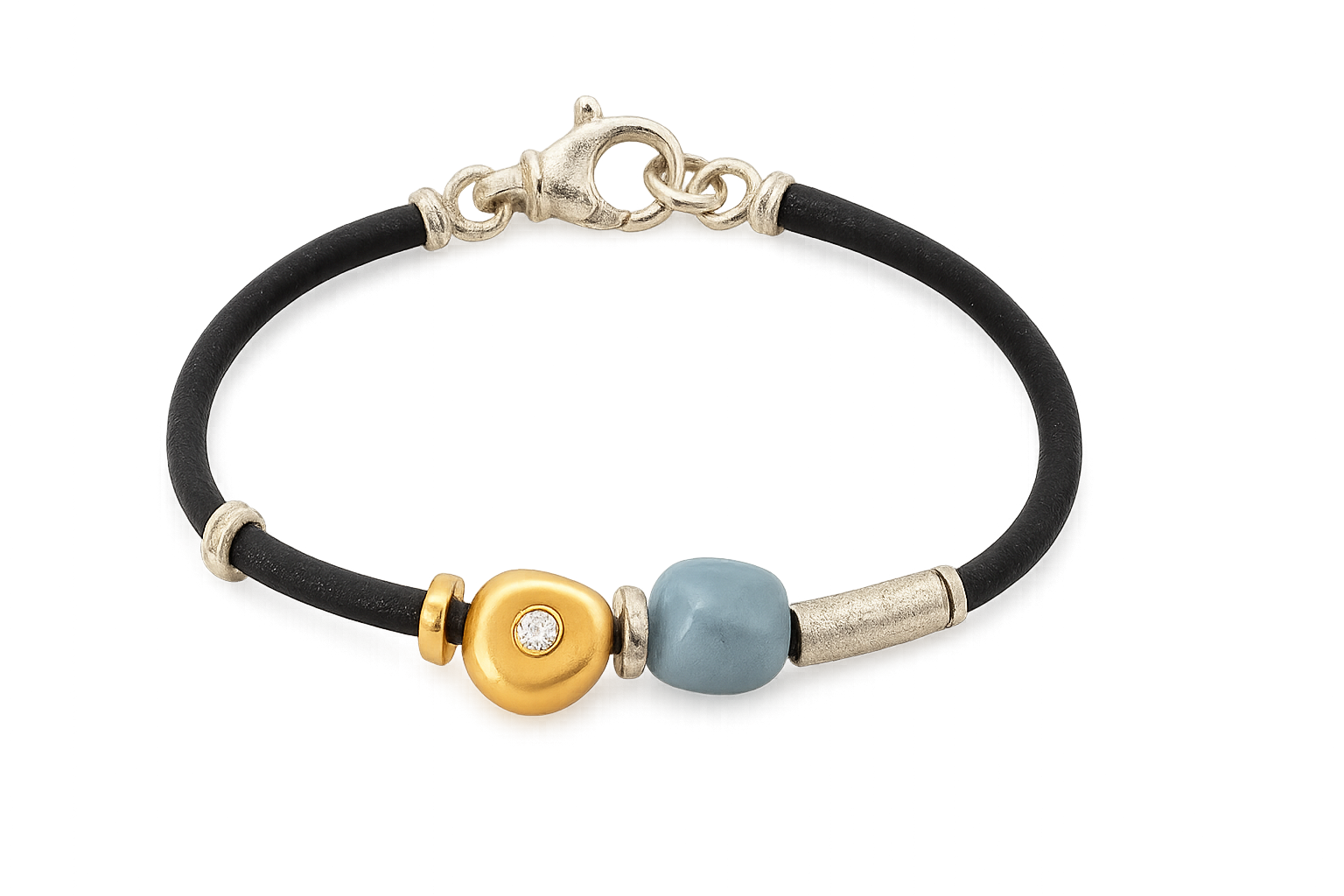 3MM LEATHER BRACELET WITH 18K GOLD NUGGET, DIAMOND AND AQUAMARINE