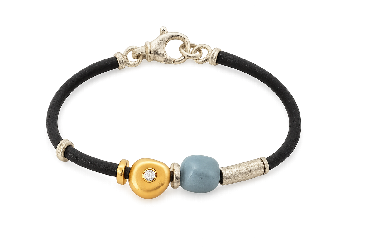 MISNAI 3MM LEATHER BRACELET WITH 18K GOLD NUGGET, DIAMOND AND AQUAMARINE