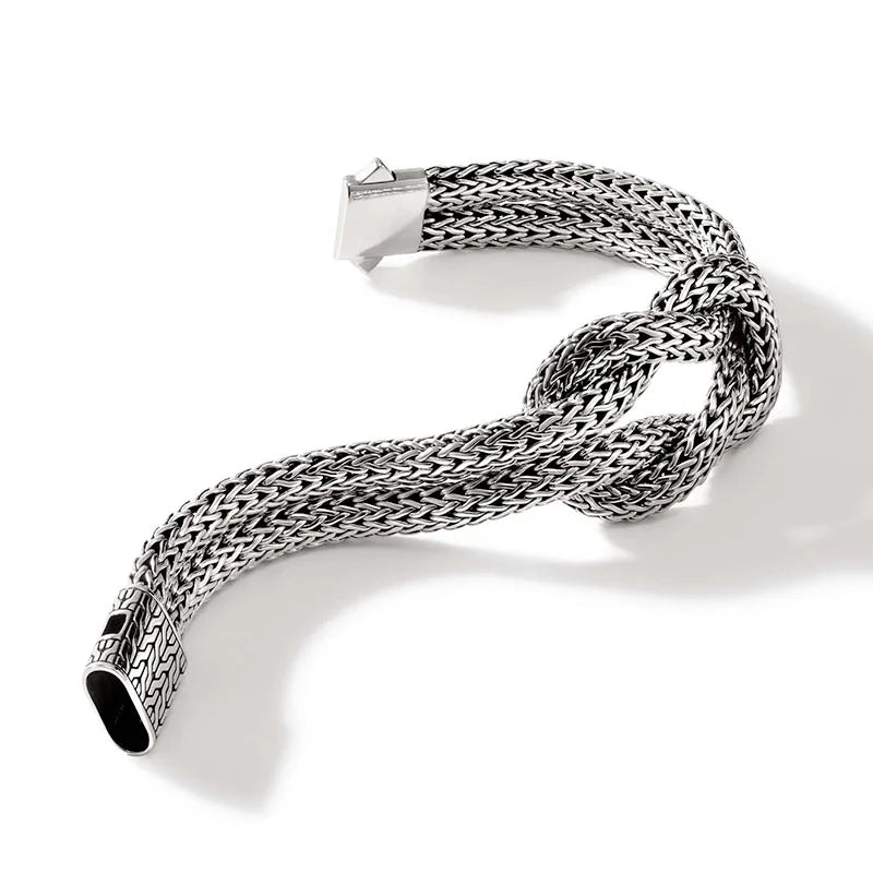 JOHN HARDY STERLING SILVER 6.5MM DOUBLE CHAIN LOVE KNOT BRACELET WITH PUSHER CLASP; SIZE MEDIUM