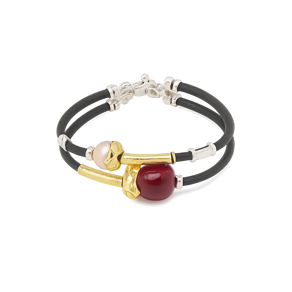3MM LEATHER DOUBLE BRACELET WITH 18K YELLOW GOLD, RUBY, NATURAL PEARL AND SILVER ELEMENTS. LOBSTER CLASP CLOSURE