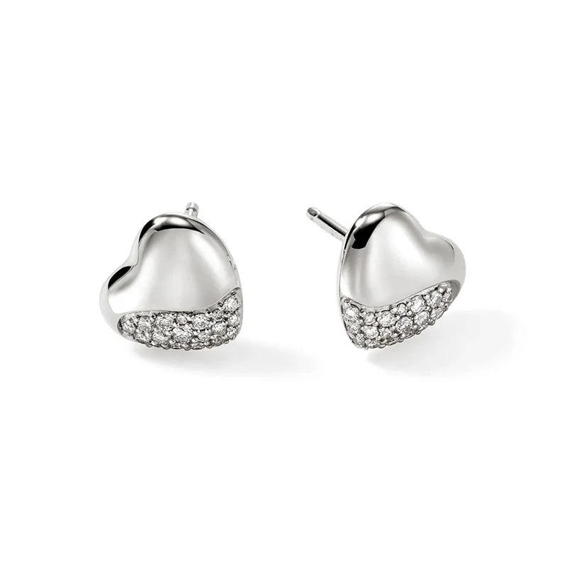 Pebble Heart Stud Earring, Silver, Diamonds