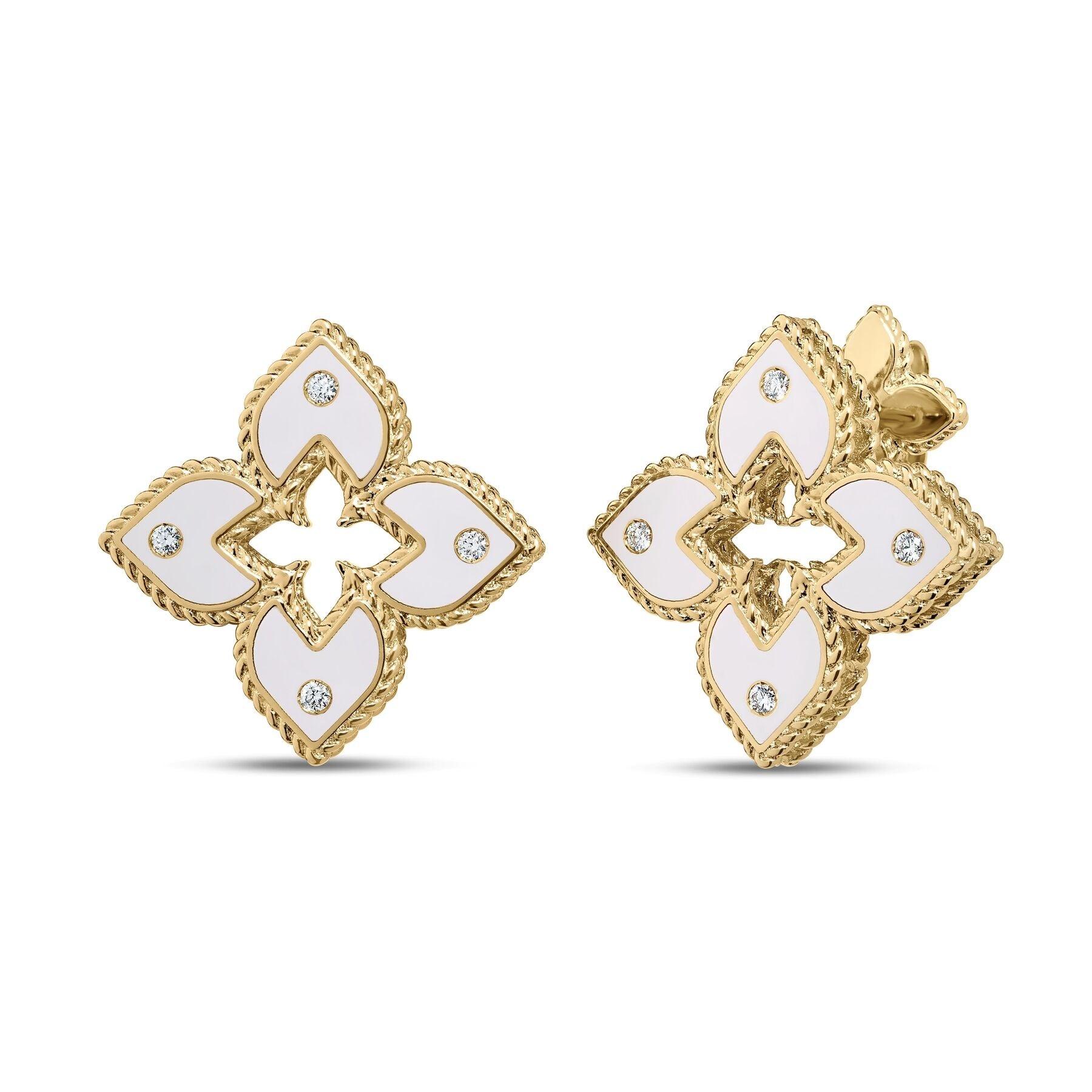 ROBERTO COIN 18K YELLOW GOLD VENETIAN PRINCESS DIAMOND 0.05 CT AND WHITE ENAMEL FLOWER STUD EARRINGS