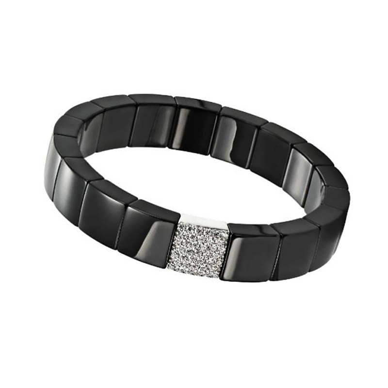 Domino Polished Black Ceramic Stretch Bracelet with Diamonds