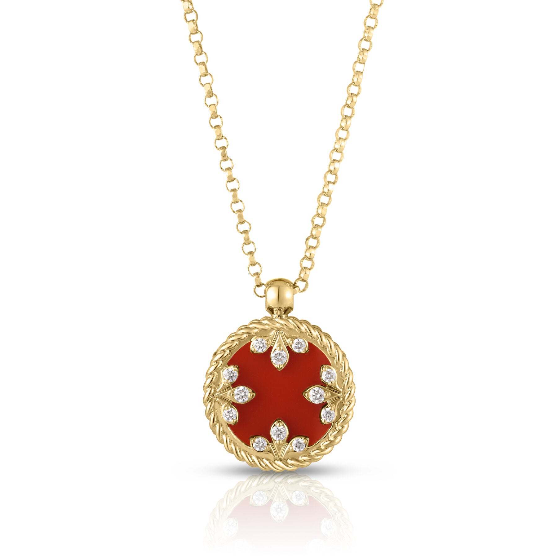 ROBERTO COIN 18K YELLOW GOLD VENETIAN MEDALLIONS SMALL DIAMOND AND RED AGATE NECKLACE