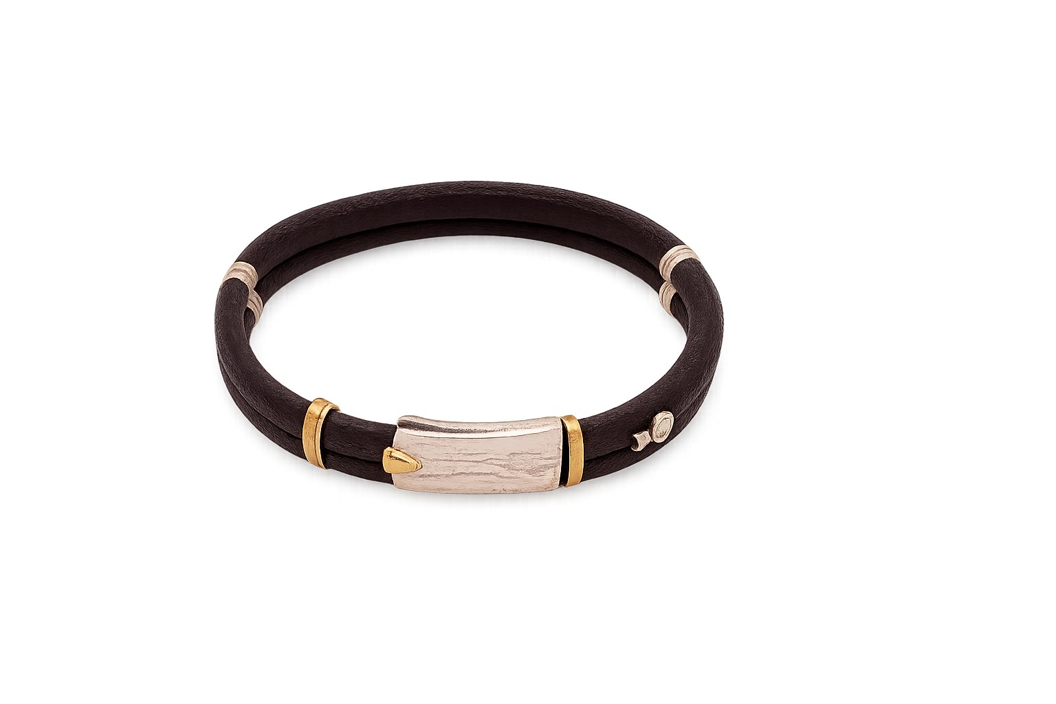 5MM DOUBLE LEATHER BRACELET WITH 18K HANDMADE GOLD AND SILVER ELEMENTS WITH CONCEALED CLASP