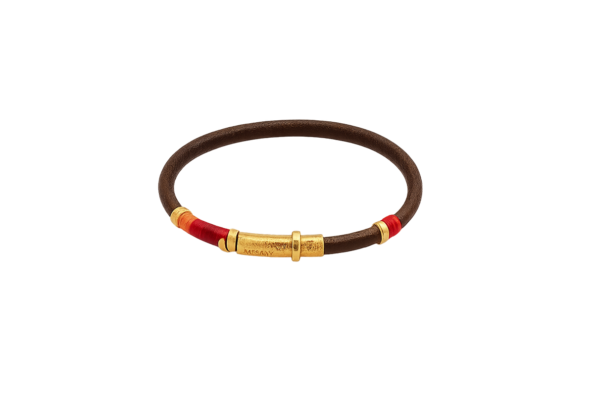 MISANI 5MM LEATHER BRACELET WITH HANDMADE GOLD ELEMENTS AND SILK THREADS