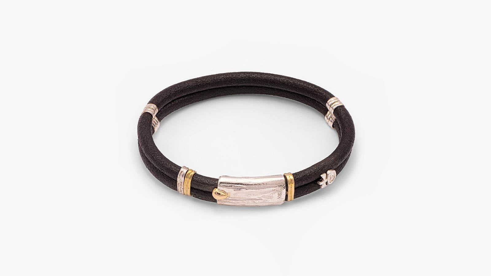 5MM DOUBLE LEATHER BRACELET WITH 18K HANDMADE GOLD AND SILVER ELEMENTS WITH CONCEALED CLASP