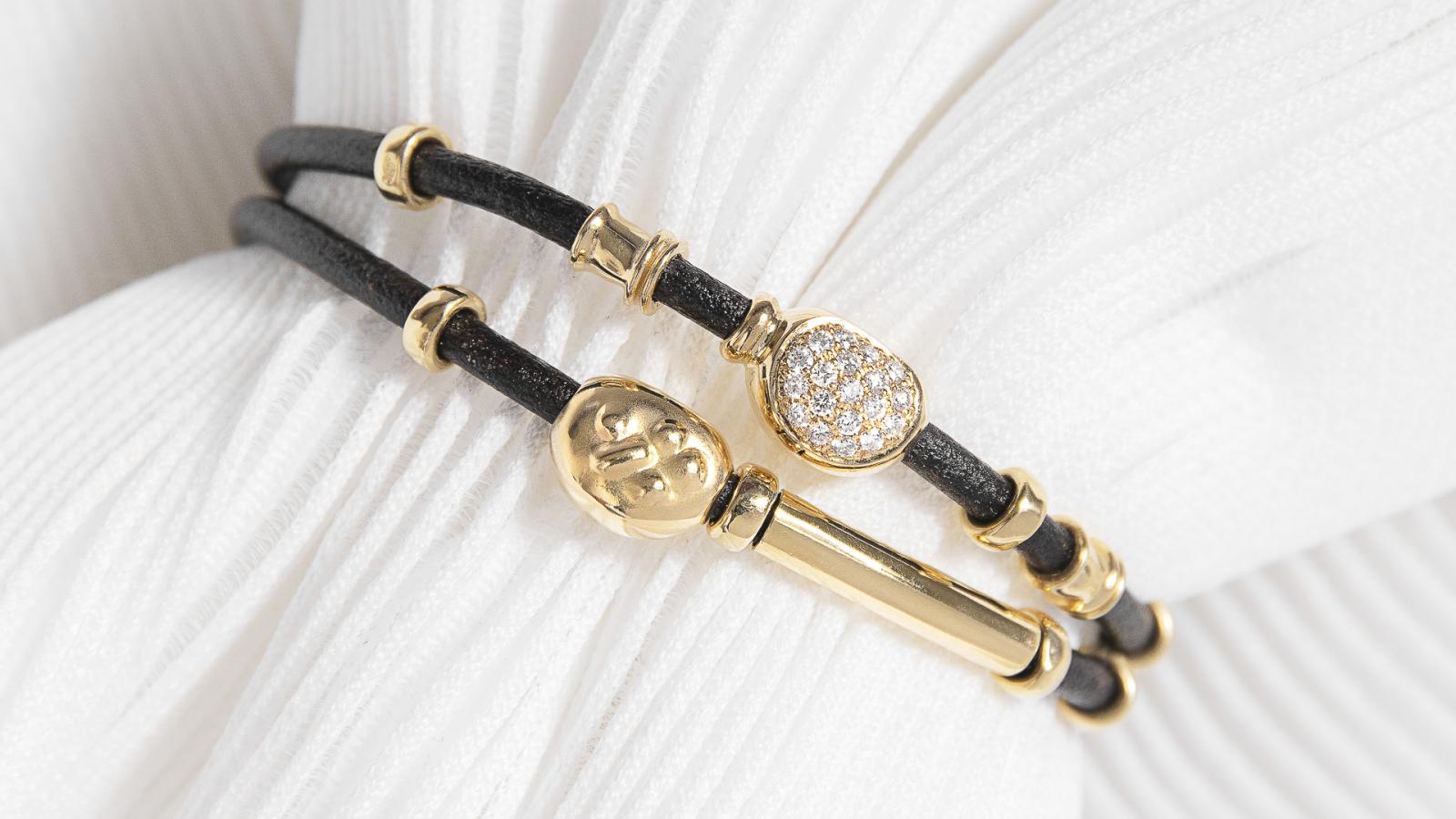 DOUBLE LEATHER 3MM BRACELET WITH HANDMADE 18K YELLOW GOLD AND SILVER ELEMENTS, PAVE DIAMONDS